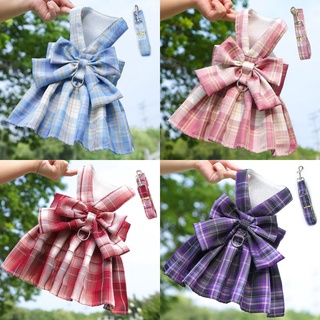 MUC [QY2054] Pet Bowknot Vest Dress Dog JK Plaid Chest Strap Cat Harness Strap Leash Dog outdoor tracking rope Kawaii Puppy Chest Harness Pet clothes #2