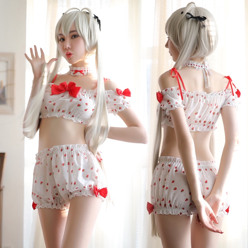 Cekcya Anime Cosplay Sleepwear Costume Striped Strawberry Lolita Girls Lingerie Set Bra Panties Shopee Philippines