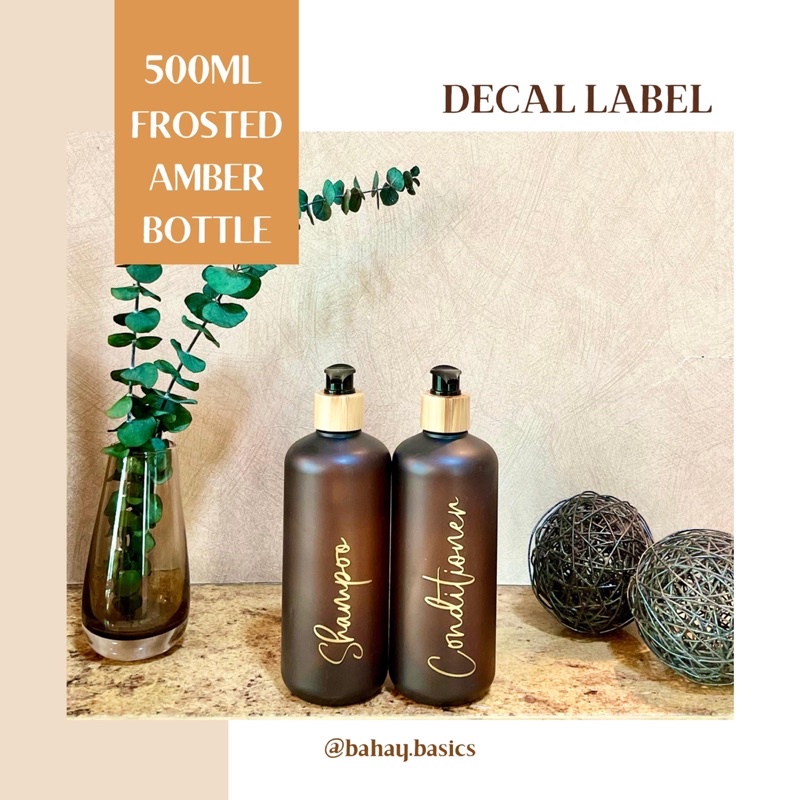 Frosted Amber Bottle Bamboo Lid Pump with Personalized Waterproof Label Team Kahoy | BAHAY.BASICS