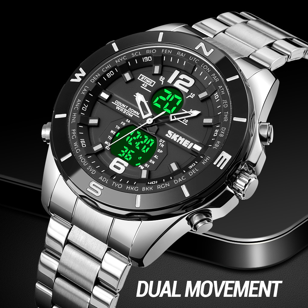 Skmei Luxury Mens Quartz Watches Stainless Steel Strap Dual Time Zones