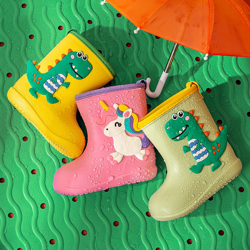 Kids Rain Boots Toddler Rubber Boots Cartoon Dinosaur Non Slip Waterproof Shoes With Handles 