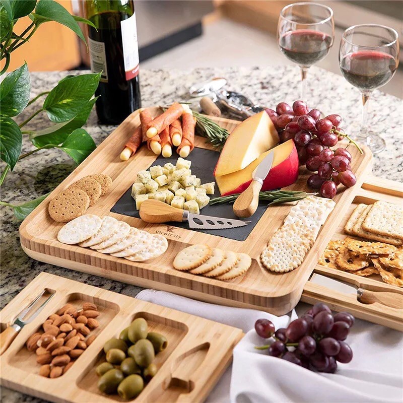 Bamboo Charcuterie Cheese Board with Stone Slate and Drawers for Wine ...