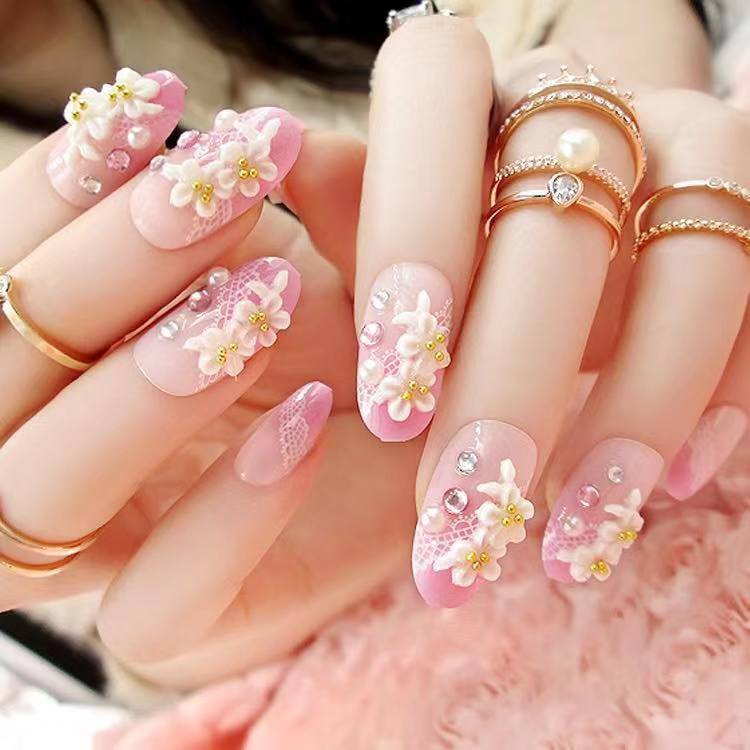 24Pcs Natural Fake Nails White French Nails 3D Flower ...