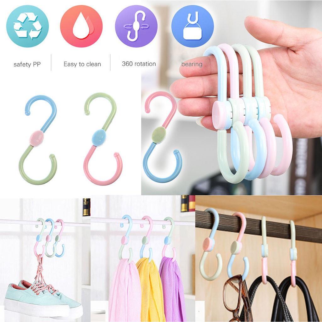 3pcs Plastic Shape Hooks Rotatable Rack Shoes Towel Bag Holder for Wardrobe Kitc