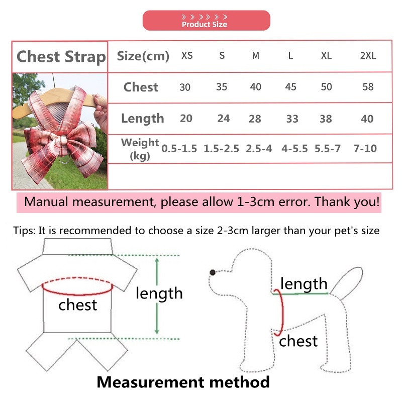 MUC [QY2054] Pet Bowknot Vest Dress Dog JK Plaid Chest Strap Cat Harness Strap Leash Dog outdoor tracking rope Kawaii Puppy Chest Harness Pet clothes