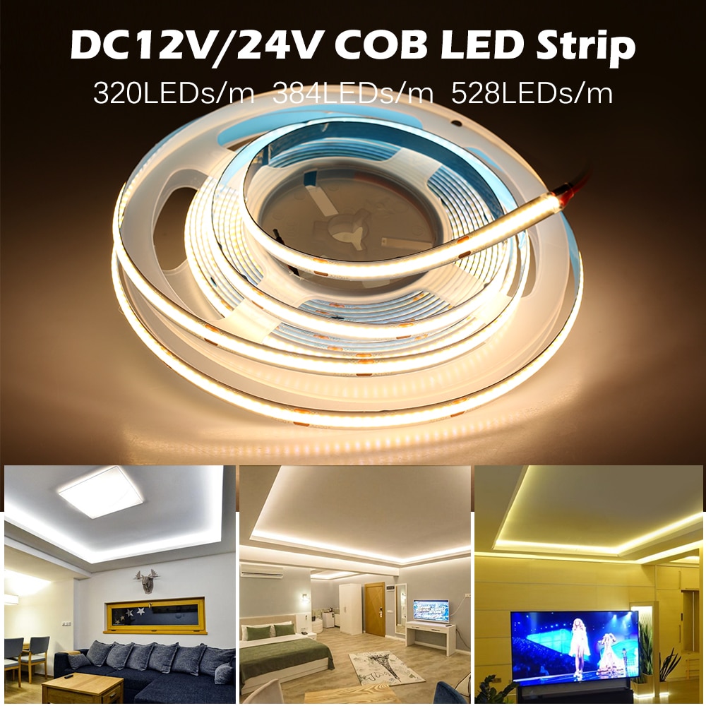 5m COB tira de LED Flexible Cinta 308/384/528 Leds Luz De Alta Densidad DC12V 24V