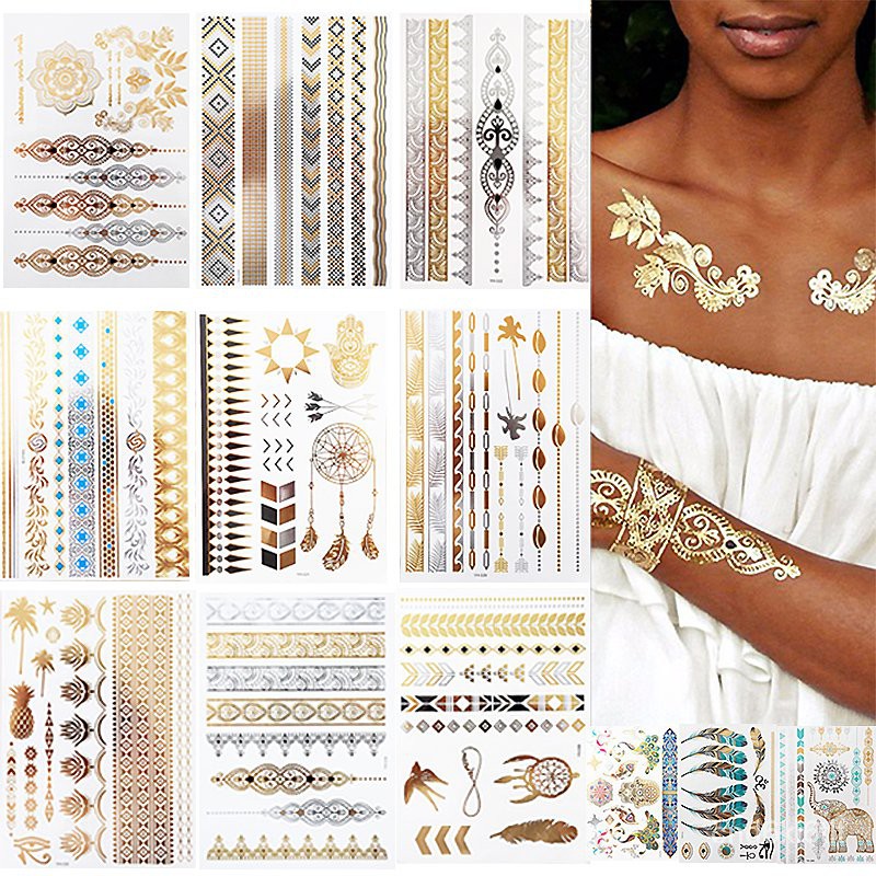 12 Sheets Metallic Temporary Tattoos Gold Boho Waterproof Flash Fake Tattoo  Sticker Designs for Wome | Shopee Philippines
