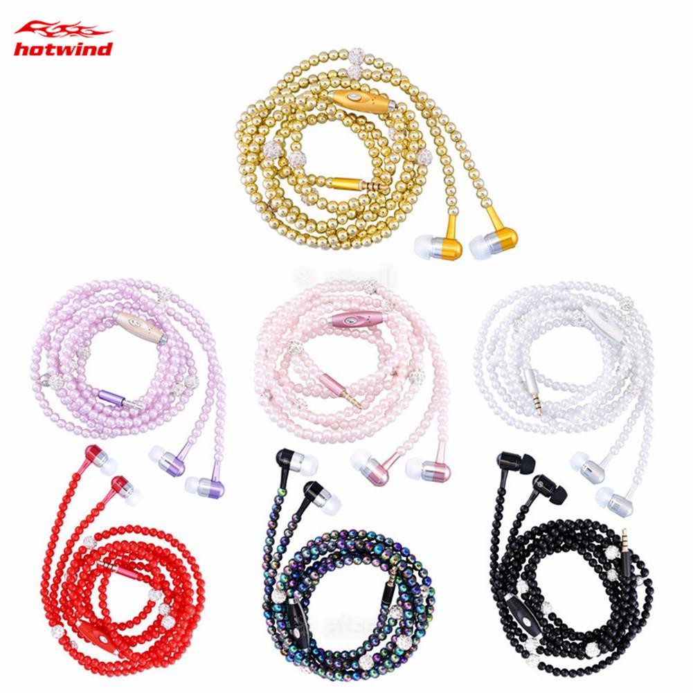 Pearl Necklace Earphone 3.5mm InEar Headset Pink Rhinestone Necklace