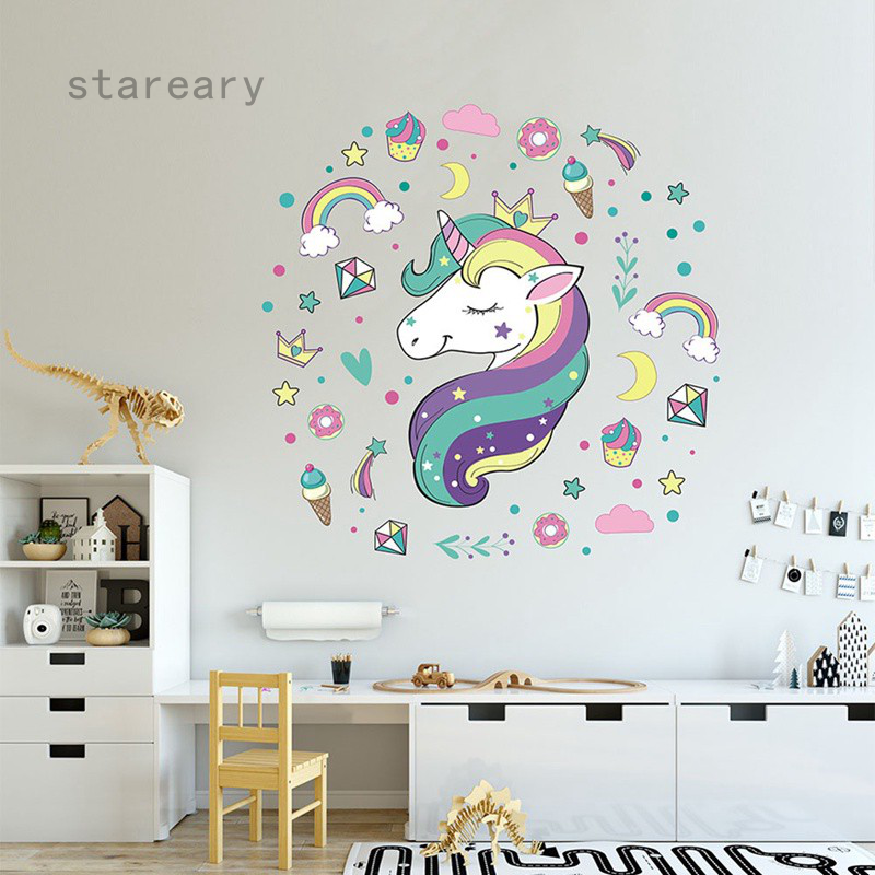Cute Cartoon Unicorn Horse Heart Stars Wall Sticker Wallpaper Home Room  Decor Decal Diy | Shopee Philippines
