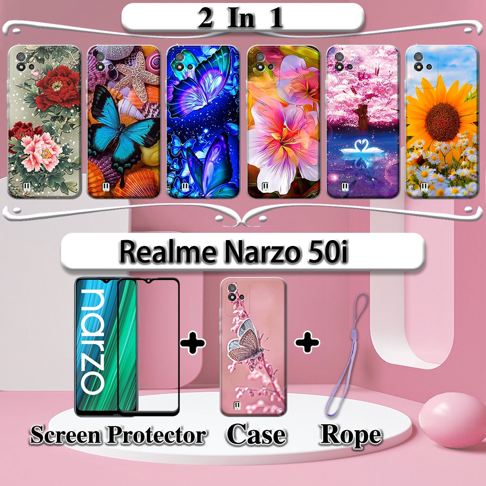 2 IN 1 Realme Narzo 50i Case with Tempered Glass Curved Ceramic Screen Protector Flowers