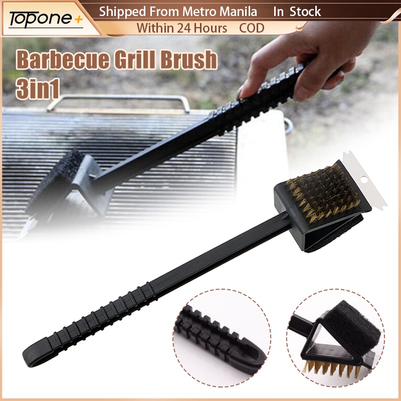 3 In 1 Barbecue Grill Brush Copper Wire Bristles BBQ Clean Tool Long