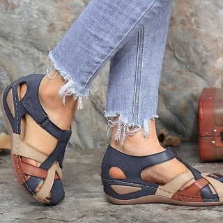 Women Wedges Sandals Hollow Sewing Pu Leather Ladies Casual Sandals Retro Comfortable Sandal