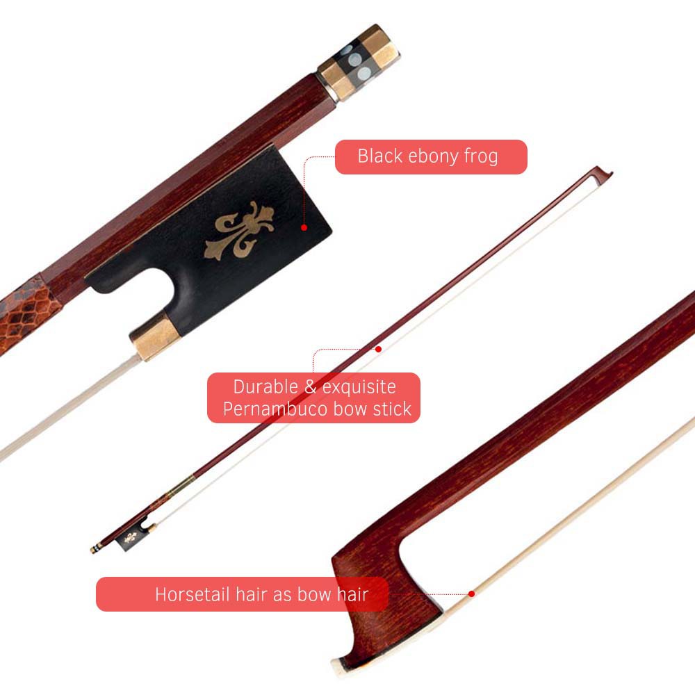 Well Balanced Light Weight Violin 1/4 Real Mongolian Horse Hair Classic Pernambuco Violin Bow 1/4 Size With FREE Rosin for Bow Hairs and Ebony Frog 