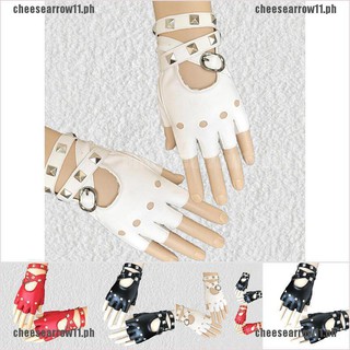 [Cheese+COD]Womens Leather Half Finger Gloves Punk Rivets Belt Gloves Hallo