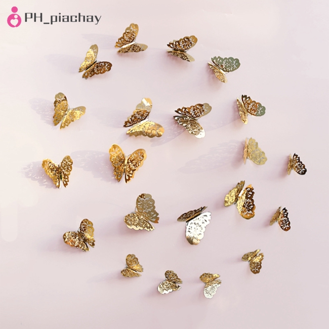 12pcs Creative 3d Hollow Out Butterfly Wall Sticker Elegant Metal