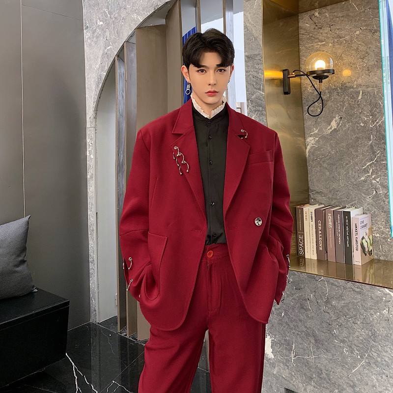 Trendy Men Clothing] Autumn Korean Fashion Hoop Decoration Vintage Time  Wine Red Small Suit Trendy Brand Men's Outerwear Handsome Catwalk | Shopee  Philippines