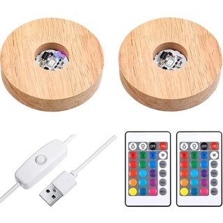 ₪♙2 Pcs LED Lights Display Base Colored Round Wooden Lighted Base Stand with Remote Control for Crys