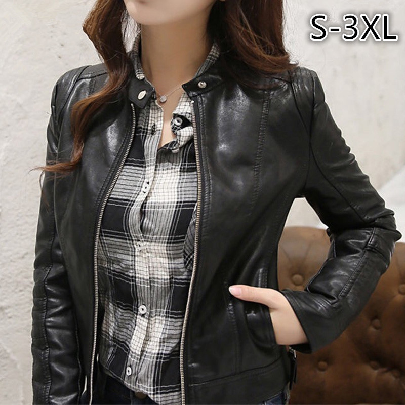Women Slim Leather Jacket Biker Motorcycle Zipper Short Coat  Punk Outwear S-3XL 