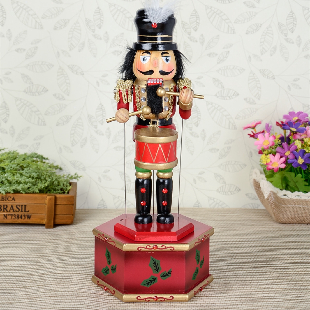 32CM Wooden Nutcracker Music Box Wind Up Clockwork Toy Home Decor Drummer