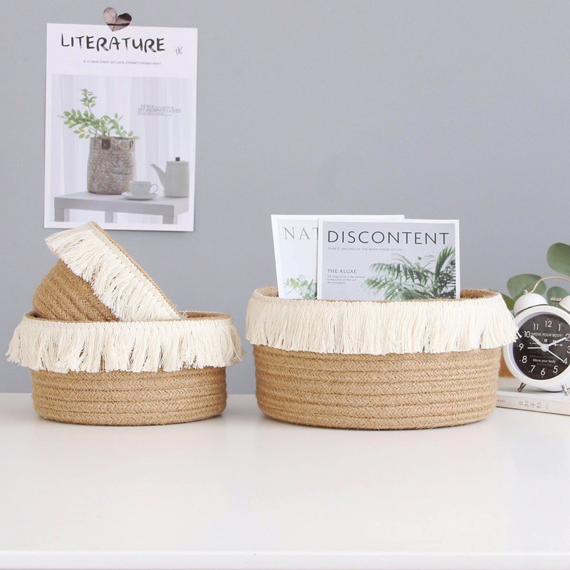 Minimalist Aesthetic Rattan knitted Tassle Brown Organizer Basket Bins Home Storage Decoration
