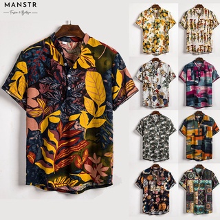 Men's Summer Retro Short Sleeve Floral Pullover Shirt Casual Beach Stand Collar Cotton and Linen Printed Polo T-shirt Plus Size