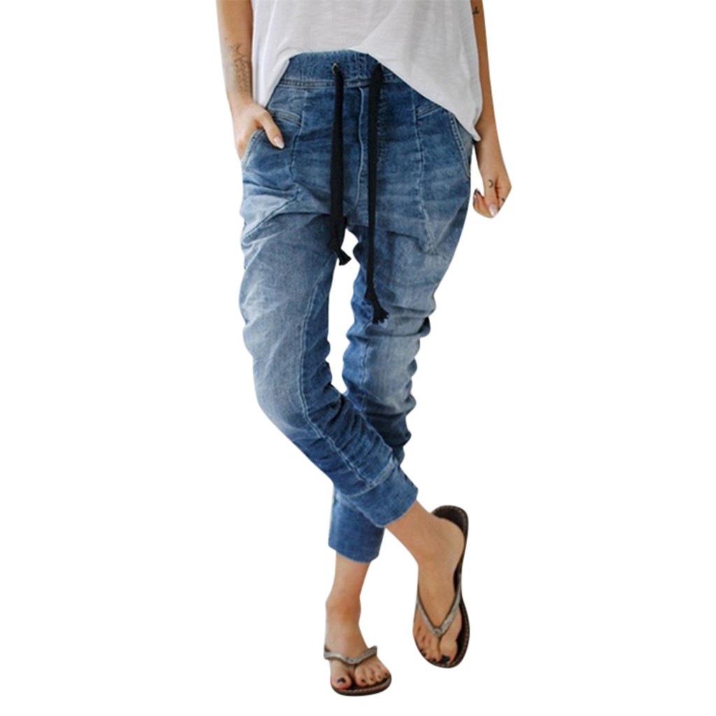 women's drawstring denim pants