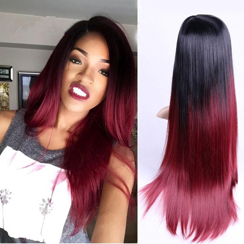 Synthetic Straight Long Ombre Black Red Color Hair