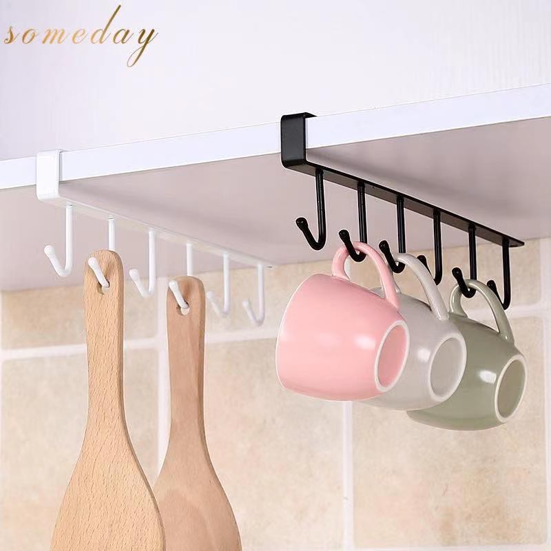 6 Hooks Cup Holder Hang Kitchen Shelf Hanging Hook Iron Bar