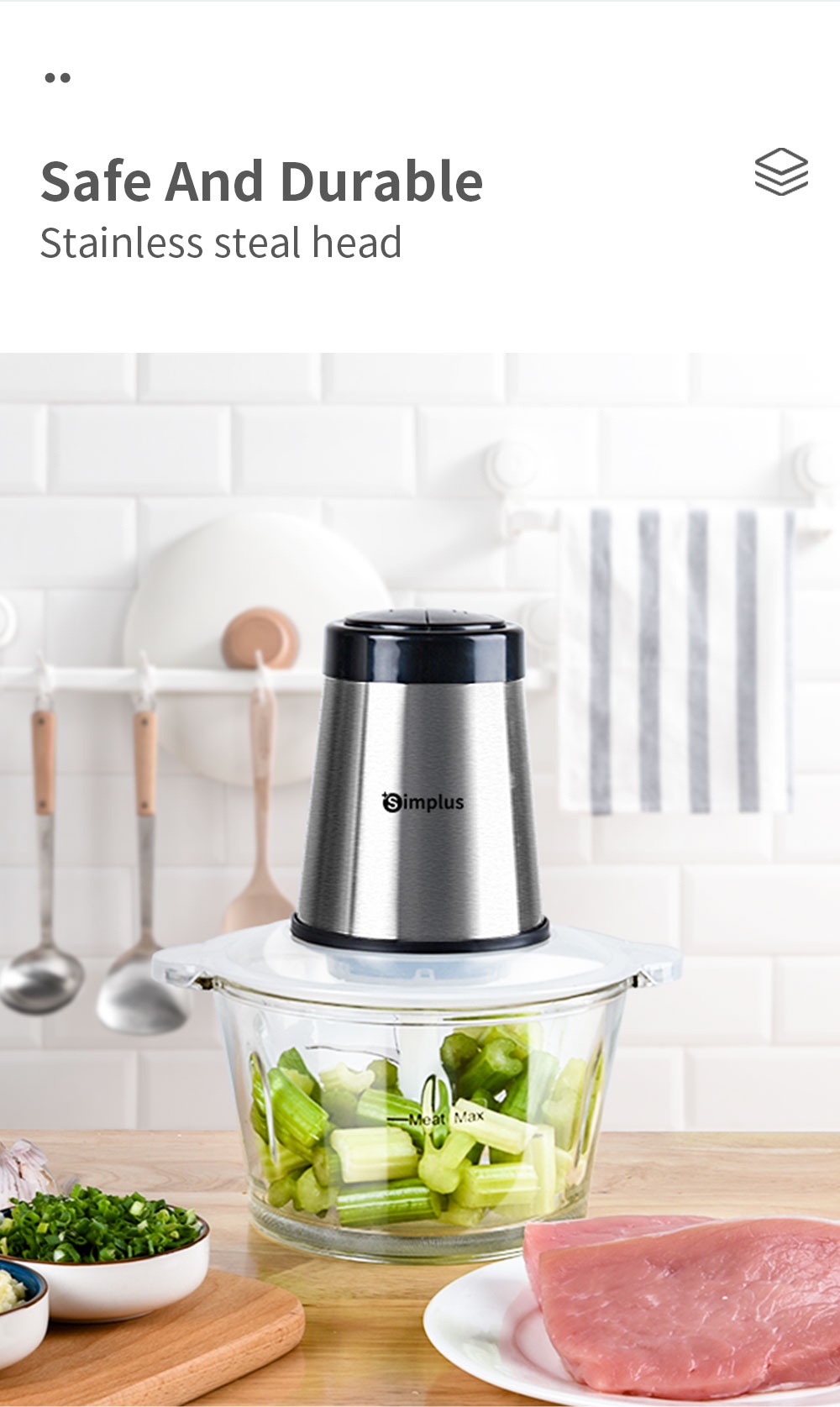 Simplus 2L Electric Meat Grinder Stainless Steel Chopper and Blender