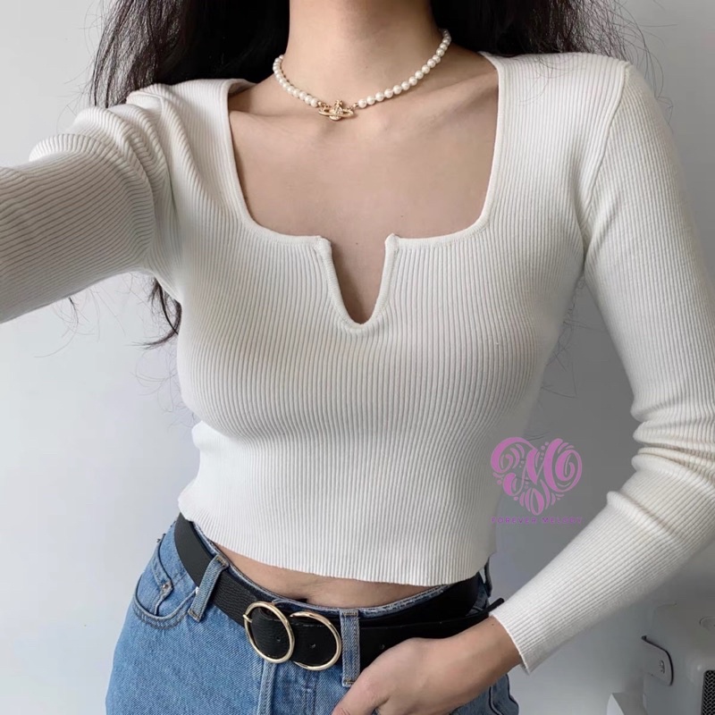 Melody Korean Rib-Knit Notch Neck Long Sleeve Top Crop Top 11291 ...