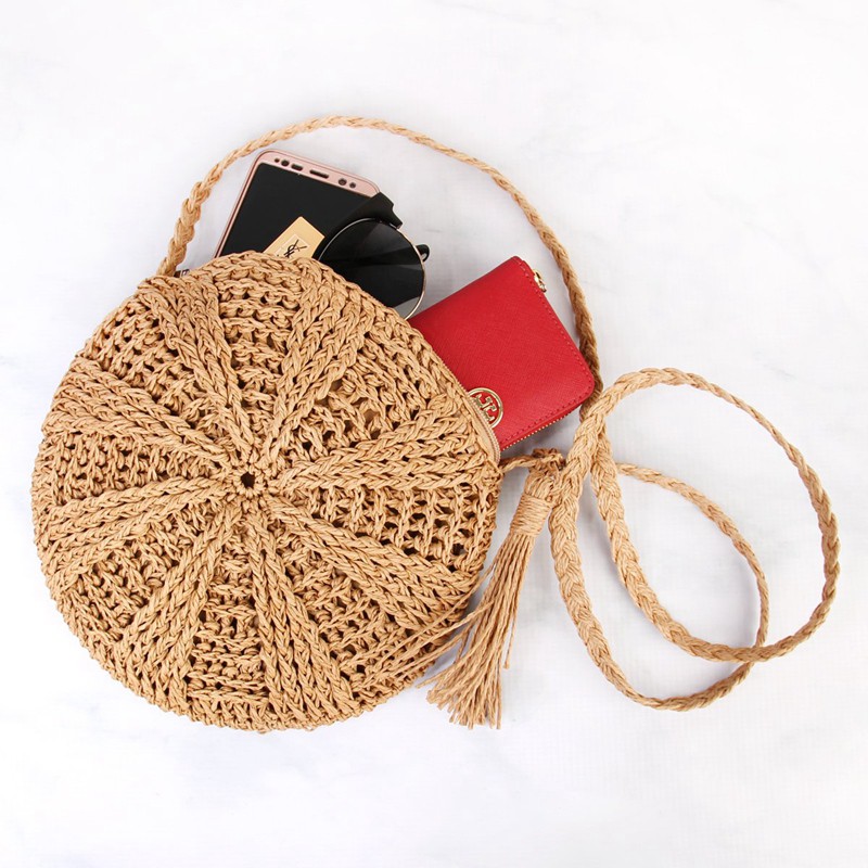 woven rattan circle crossbody bag