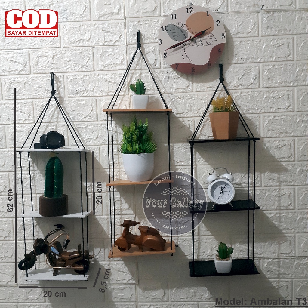 KAYU Hanging Wall Shelf / 3 Stacking Rope Hanging Rack / Wooden Wall ...