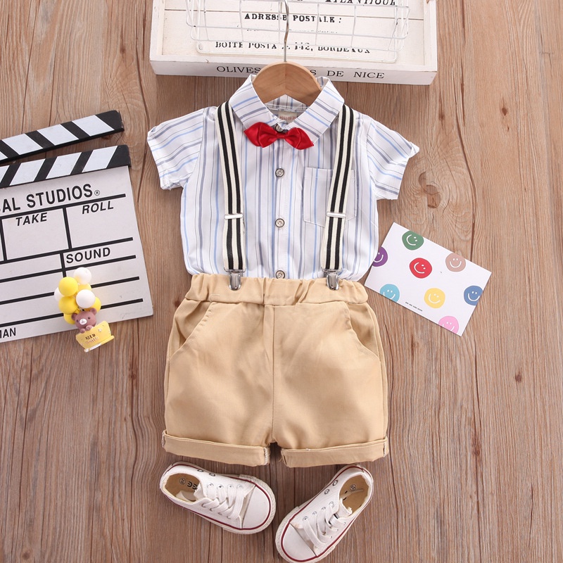 Korean Style Gentleman Stripe Shirt Bow Khaki Shorts Set Baby Terno Ootd for Kids Boy 1-5 Years Old Wedding Birthday Party Formal Suit Summer Clothes