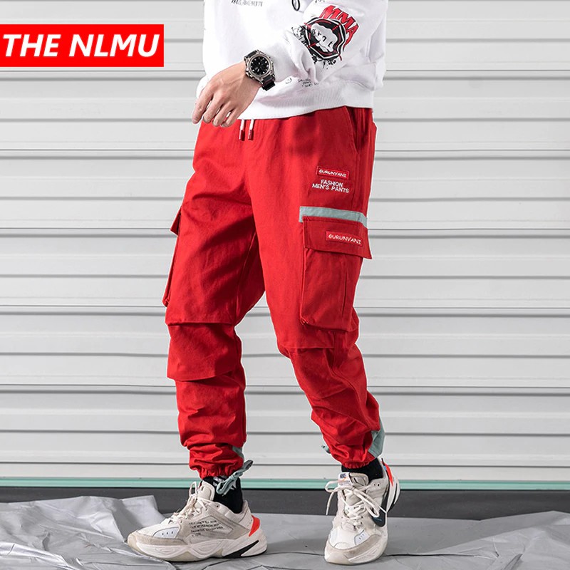 red cargo joggers