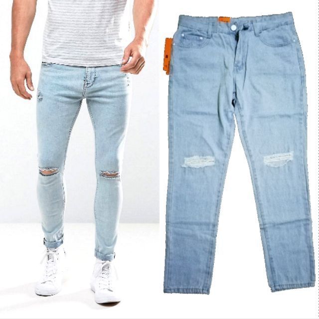blue knee cut jeans