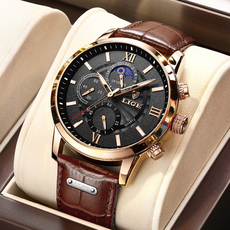 LIGE Original Men Watch Fashion Leather Strap Chronograph Wristwatch