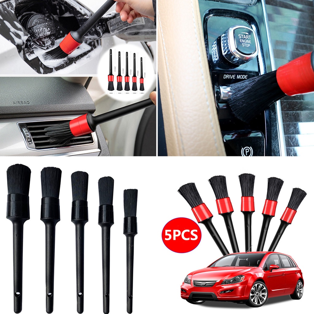 Detailing Brush Set, 5PCS Different Sizes Auto Detailing Brushes Soft Nylon Car Detail Interior Exterior Tires Air Vents Panels Leather Engine Bay Cleaning Blac