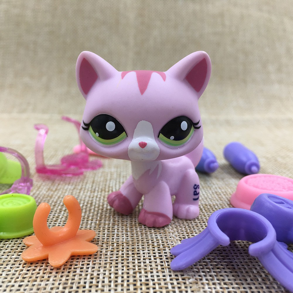 Littlest Pet Shop Cream Yellow & Sparkle Pink Short Hair Cat Doll Figure Toy 