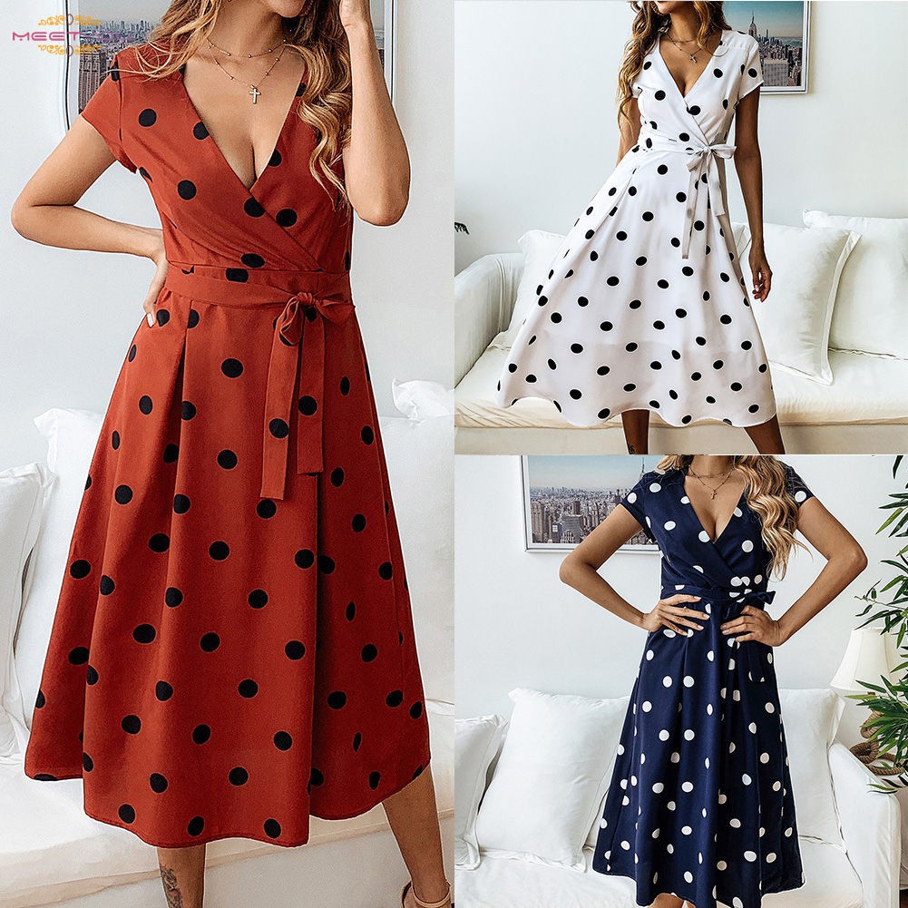 Women Retro Polka Dot Deep V Neck Strappy Swing Midi Dress for Summer ...