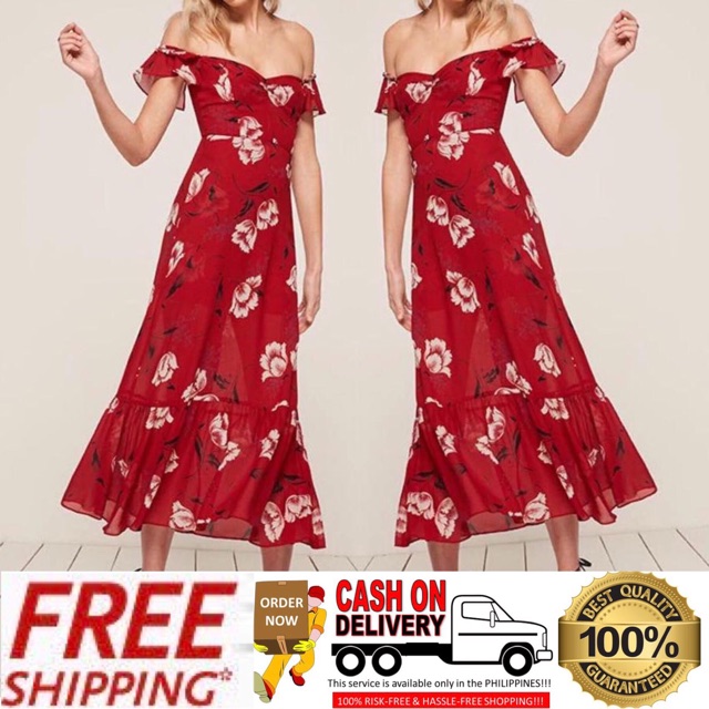 red off shoulder floral dress