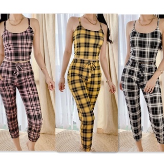 Terno Plaid/Checkered Drape Pants Spaghetti Top for Women Printed