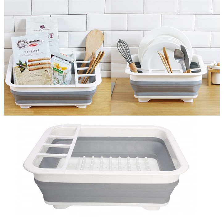 SILICONE COLLAPSIBLE FOLDING BUCKET BASKET DISH DRAINER RACK PLASTIC STORAGE NEW 