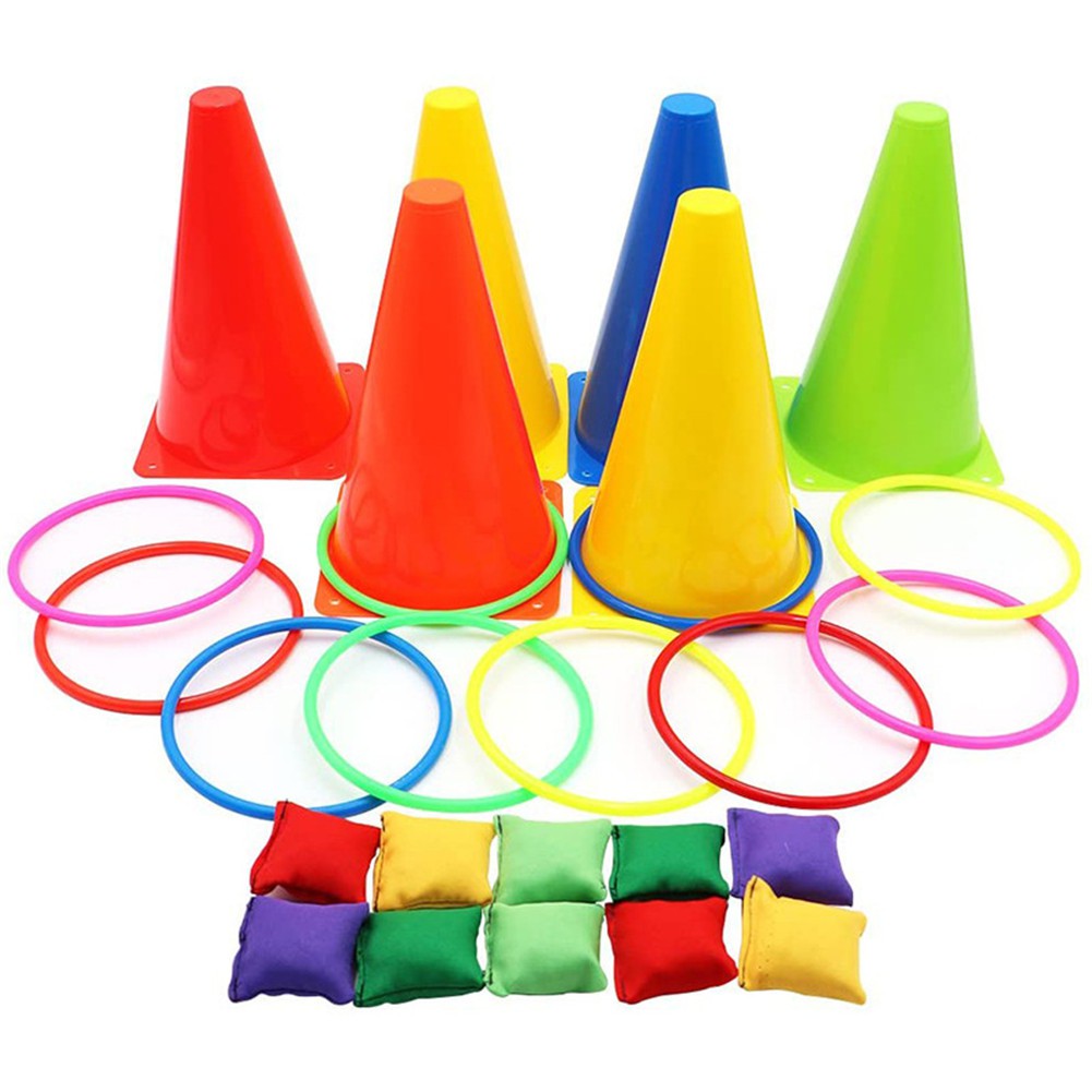 Birthday Party Yard Lawn Supplies 36pcs ThinkMax Carnival Outdoor Games Combo Set for Kids Family Games Soft Plastic Cone Set for Carnival Game Dinosaur Theme Bean Bags Ring Toss Game 