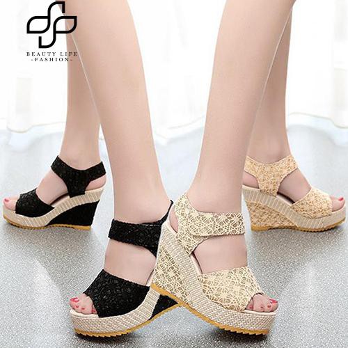 Cod Beauty Fashion Women Girl Faux Leather High Heel Platform Lace Peep Toe Beach Sandals Shopee Philippines