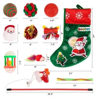 Christmas Cat Toys, Kitten's First 11 PCS Christmas Cat Stocking Gifts Set Assorted Toys with Funny Cat Pole Outdoor & Indoor Kitten Interactive Play Game