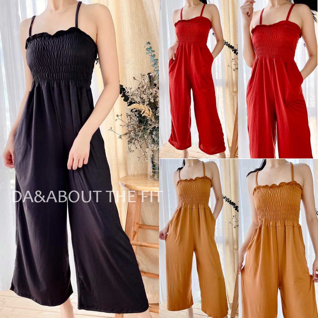 JANE SMOCKED WIDE LEG JUMPSUIT WITH TWO-SIDE POCKETS | Shopee Philippines