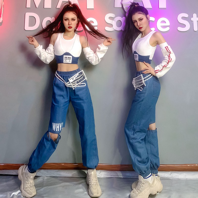 Women Jazz Korean Dance Performance Costumes Vest + High Waist Letter Jeans  Suit Hip Hop Street | Shopee Philippines