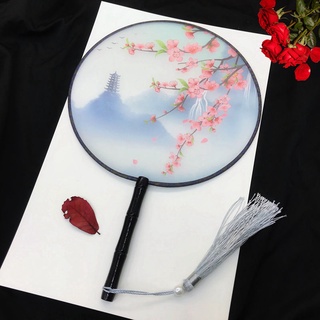 Chinese Fan Embroidery Hand Circular Fan White Flower China Ancient Dance Translucent Silk Round Fan 