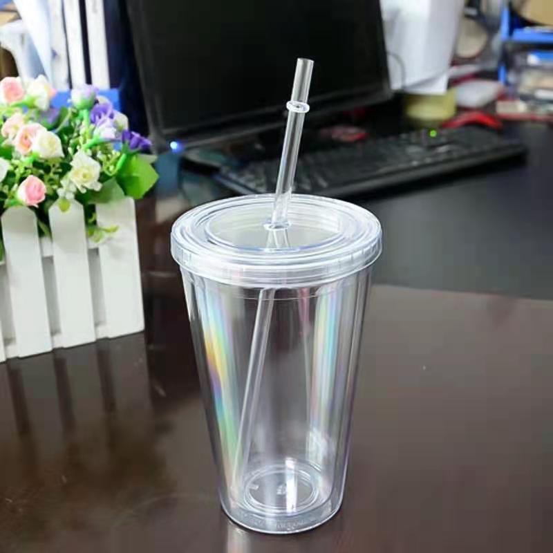 500ml Plastic Cups With Lid Iced Tumbler Water Cup with Straws Double
