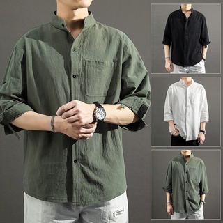 Linen half-sleeved shirt men's three-quarter sleeves spring and summer loose cotton and linen mid-sleeve men's plus size shirt